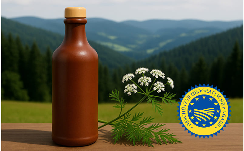 Bärwurzflasche neben Bärwurz vor Schwarzwald